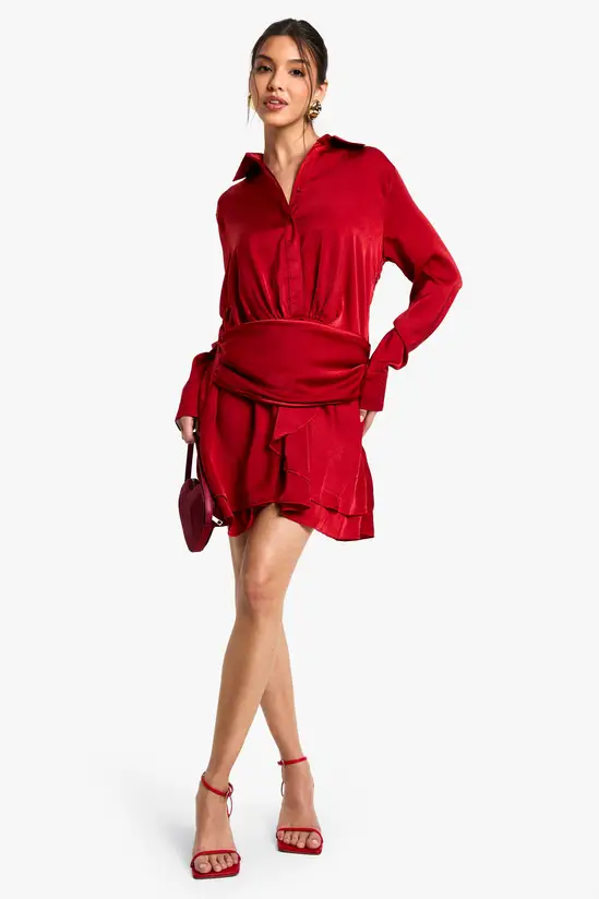 Satin Ruched Shirt Dress - Image 4