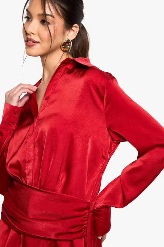 Satin Ruched Shirt Dress